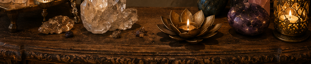 Candlelit altar table with quartz crystals and a brass lotus candle holder