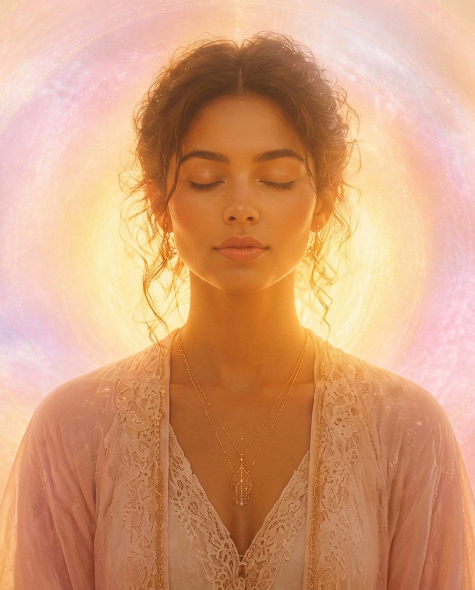 Selma Sol, Chicago psychic reader and holistic healer, in warm golden light